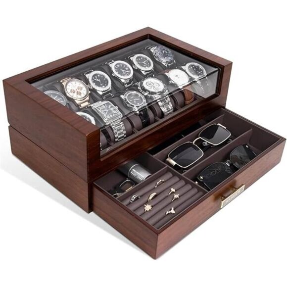 Luxury Wooden Watch Box 12 Slot Display Case With Drawer For Men Jewelry - Picture 7 of 7